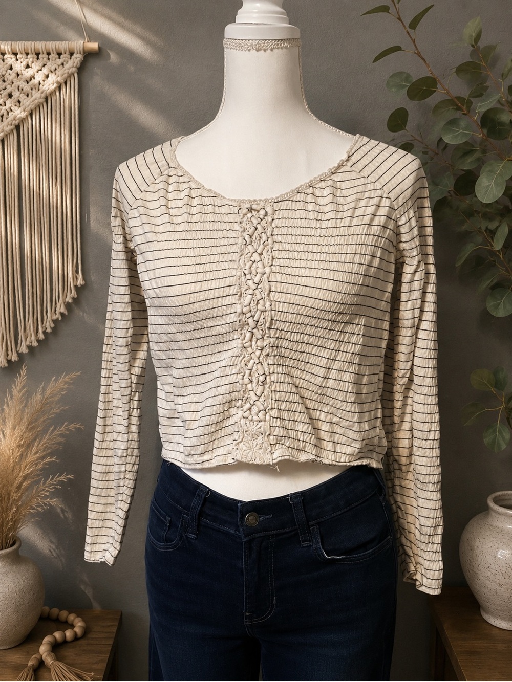 American Eagle Outfitters Cream Textured Long Sleeve Top